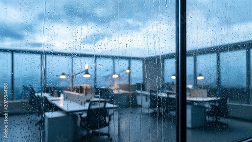 Cuadro en lienzo Dusk Rainy Office Window With Blurred Warm Desk Lamp Glow Background