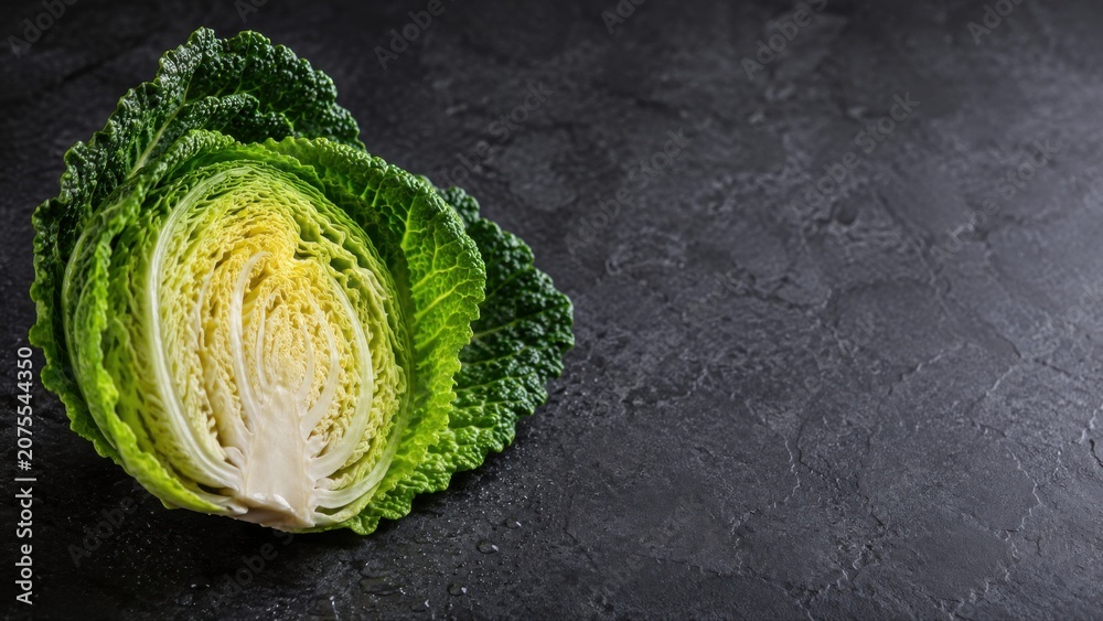 Obraz premium Half Head of Savoy Cabbage Displayed on Dark Textured Surface
