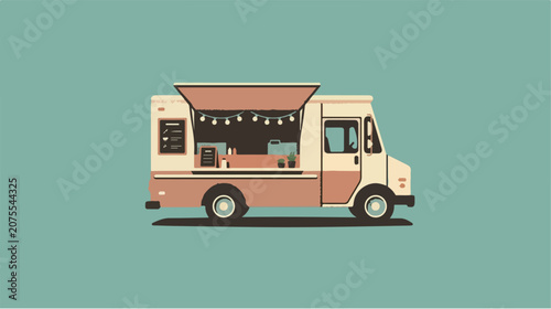 Minimalist vector illustration of a vintage food truck.