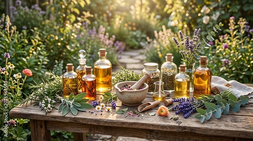 Herbal medicine preparation with essential oils and fresh herbs on a wooden table in a sunny garden.