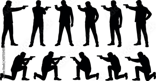 Tableau sur toile Black silhouette set of armed men pointing guns in kneeling and standing stances isolated on white background vector illustration design