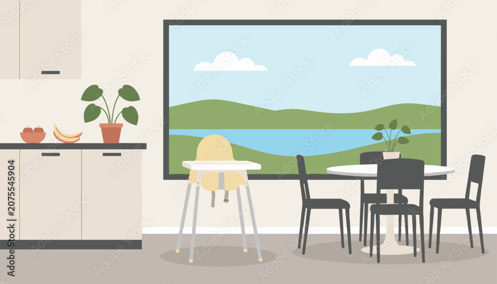 Obraz premium Modern cozy kitchen dining area with a high chair and a view of rolling green hills through a large window for a peaceful home scene.