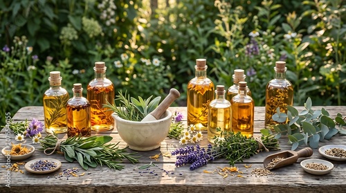 Herbal medicine preparation with essential oils and fresh plants on wooden table in garden.