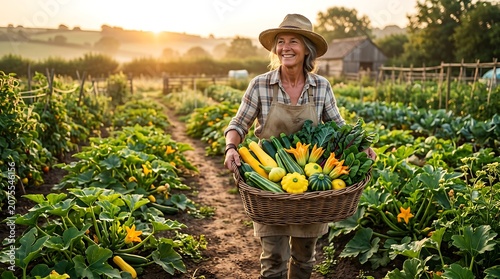 Senior woman holding basket of fresh vegetables in sunny garden at sunset.