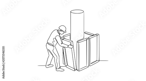 Photos Construction worker installing protective casing around concrete pillar