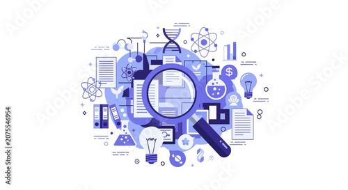 Scientific Research and Data Analysis Concept Illustration with Magnifying Glass and DNA in Purple Flat Style