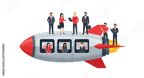 Business Startup Launch Concept with Diverse Professional Team on Rocket Ship Flying Towards Success and Growth