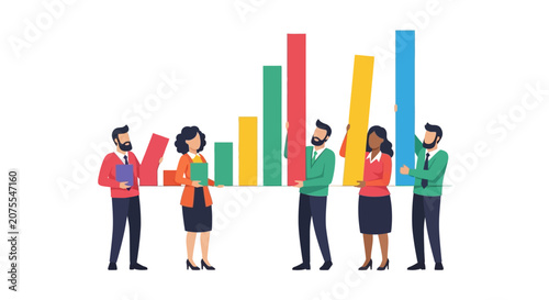 Diverse Business Team Building a Growing Bar Chart for Financial Success and Data Analysis - Flat Vector Illustration