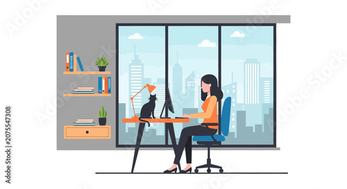Flat Vector Illustration of a Woman Working at her Computer in a Modern Home Office with a City View and a Pet Cat on the Desk - Work from Home and Productivity Concept