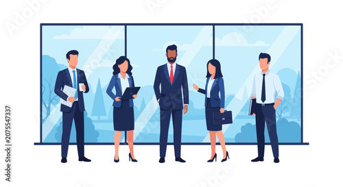 Diverse Business Team of Professionals Standing in Modern Office Vector Illustration