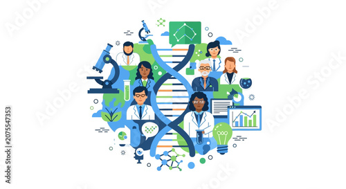 Biotechnology and Genetic Research Illustration with Diverse Team of Scientists, DNA Helix, and Lab Equipment for Science and Innovation Concepts