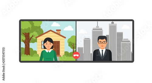 Video Conference Concept Illustration showing Split Screen with Woman at Home and Businessman in City Office for Remote Work and Digital Communication