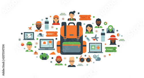 Travel Backpack and Diverse People Flat Vector Illustration for Global Adventure and Vacation Planning