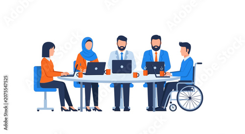 Diverse Business Team Collaborating at Office Round Table Flat Vector Illustration