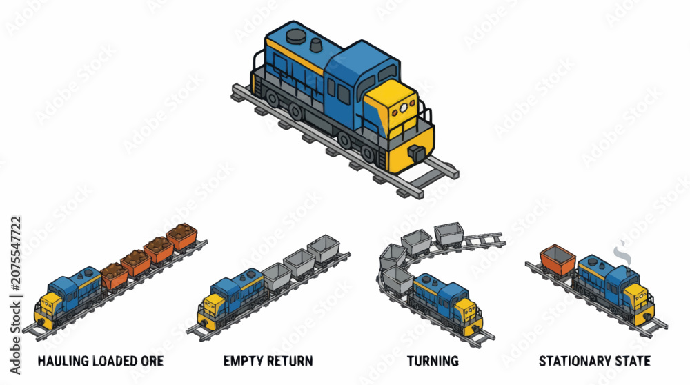 Obraz premium Colorful Lego Train Set with Various Locomotive States.