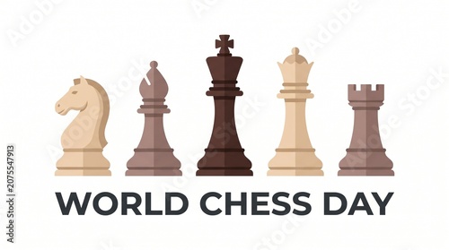 World chess day illustration with chess pieces on white background