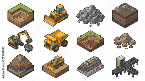 Foto Isometric Construction Equipment and Mining Vehicles Set.