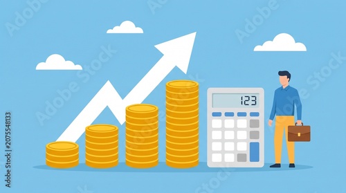 Businessman standing next to calculator and growing stacks of coins with upward arrow