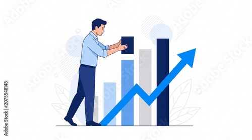 Man pushing a bar graph with an upward trend arrow