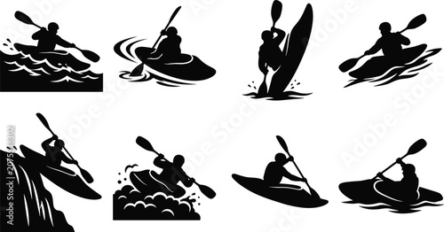 Foto Kayaking silhouette collection featuring whitewater paddling recreational kayaki