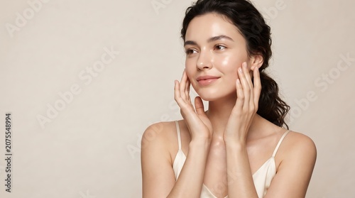 Beautiful young woman touching her clean glowing skin.
