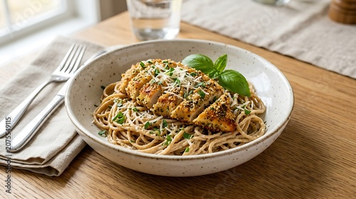 Delicious romano chicken recipe featuring crispy breaded chicken breast served over a creamy pasta dish in a rustic white bowl for a gourmet dinner meal