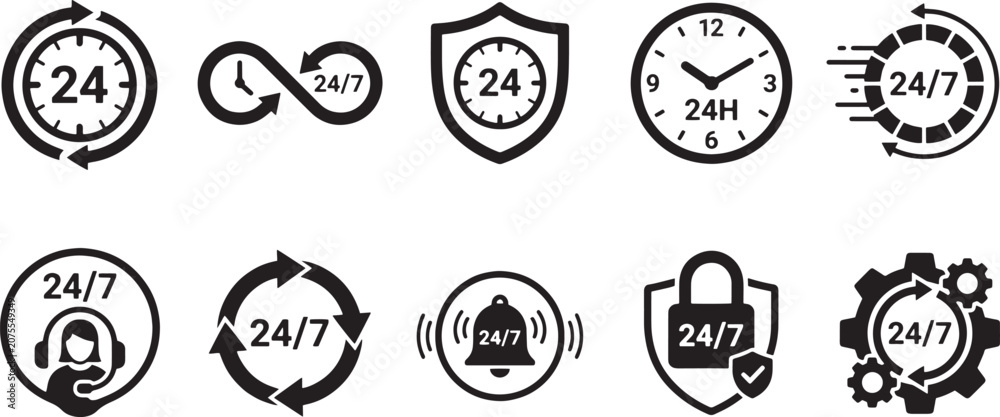 Fototapeta premium 24/7 Customer Service and Non-Stop Support Icon Set, Black and White Vector Symbols
