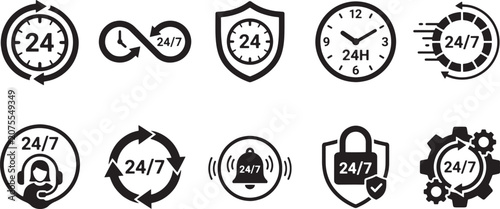 Obraz na plátně 24/7 Customer Service and Non-Stop Support Icon Set, Black and White Vector Symb
