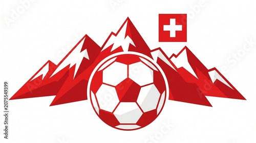 Switzerland Soccer Jersey Design with Alpine Mountain Peaks Crest Vector, Swiss Football Ball Emblem with National Cross, Minimalist Red and White Sport Apparel Graphic Element