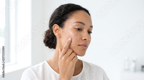Young woman touching her face and examining her skin in a bright room.