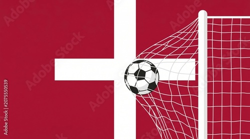 Soccer Ball Hitting the Goal Net on Denmark Flag Background, Denmark Football Goal Concept Vector Illustration, Scandinavian Sport Championship Media Graphic Element