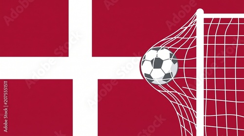 Soccer Ball Hitting the Goal Net on Denmark Flag Background, Denmark Football Goal Concept Vector Illustration, Scandinavian Sport Championship Media Graphic Element