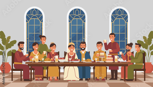 People gathered for a festive celebration dinner with delicious food and drinks in a beautifully decorated hall with arched glass windows.