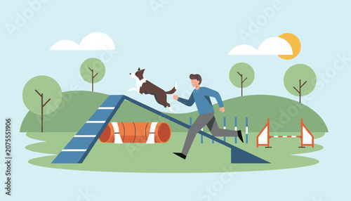 Man running with his dog on an obstacle course in a park, showing their bond and active lifestyle during a sunny day exercise session.