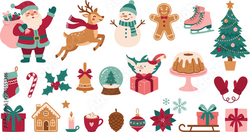 Cute Christmas sticker vector set featuring colorful retro holiday illustrations collection with Santa Claus reindeer snowman gingerbread tree and winter elements isolated on white background