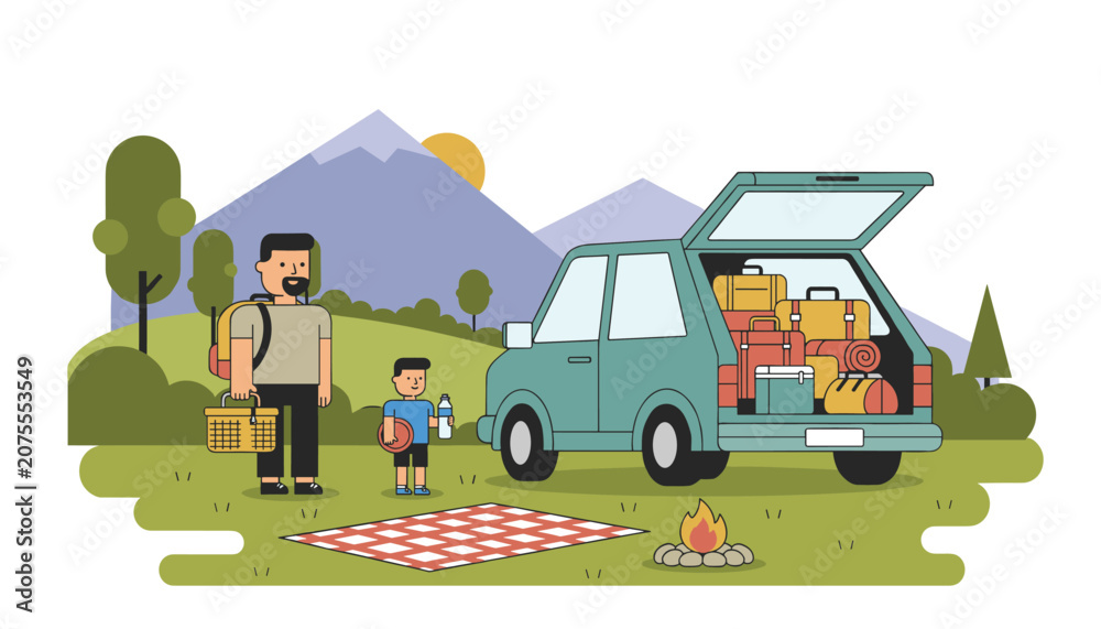 Obraz premium Father and child preparing for a family camping trip with a car packed with luggage and camping gear in a scenic nature landscape area.