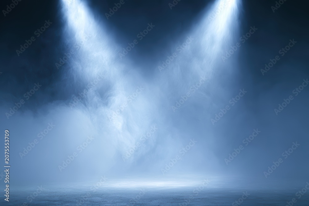 Naklejka premium White smoke and spotlight beams crossing through fog, gothic cinematic stage atmosphere