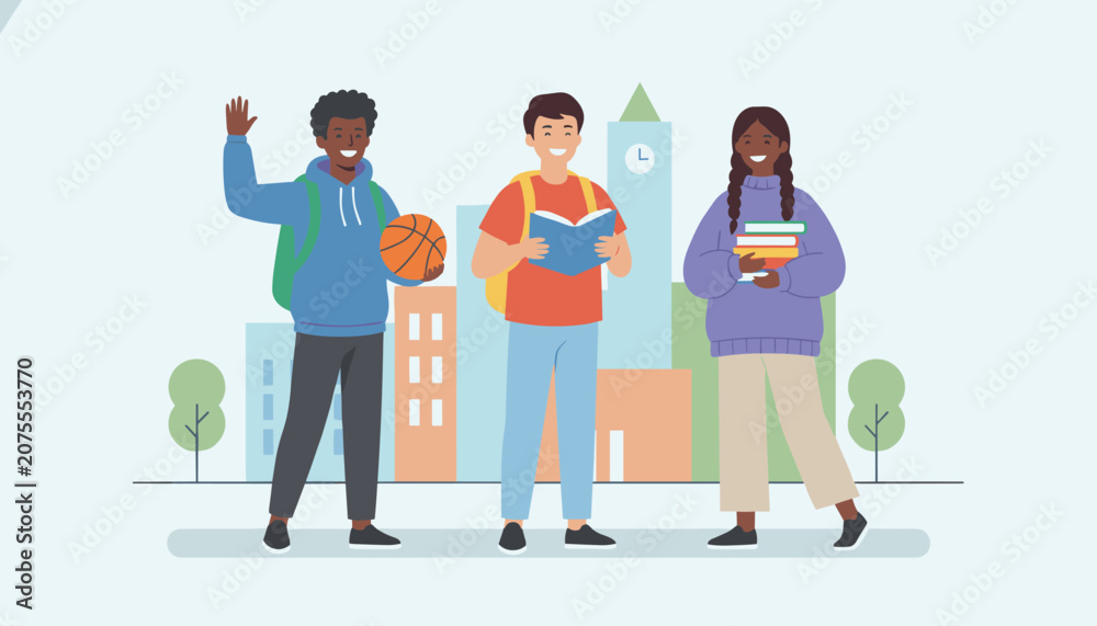 Fototapeta premium Diverse group of three students standing in front of city buildings, holding books and a basketball as they head to school.