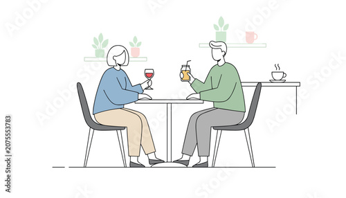 People sitting at a cafe table having a drink and toasting with wine and juice in a clean line art style illustration.