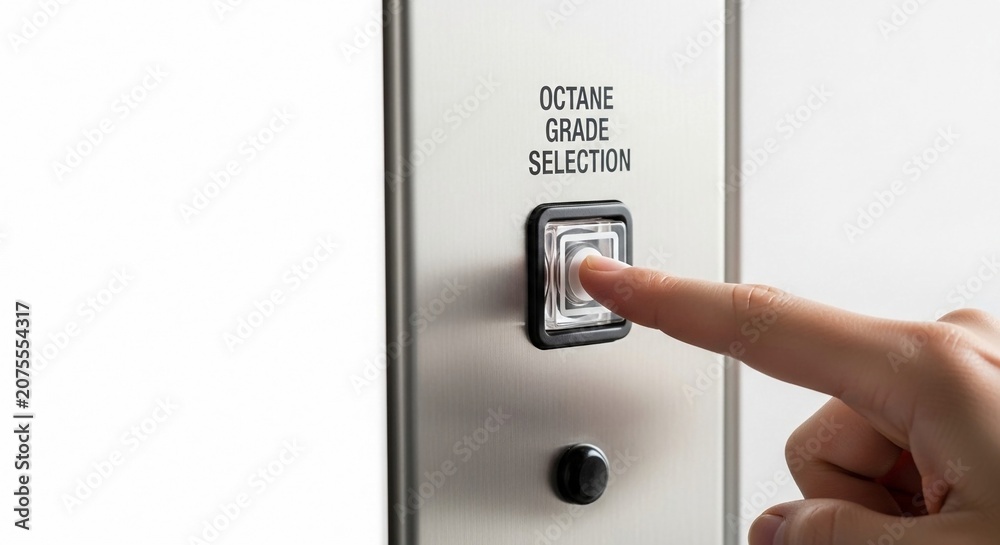 Naklejka premium Finger presses the octane grade selection button on a fuel dispenser, offering choice for vehicles