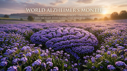 World Alzheimer's Month Banner with Brain Shaped Purple Flowers