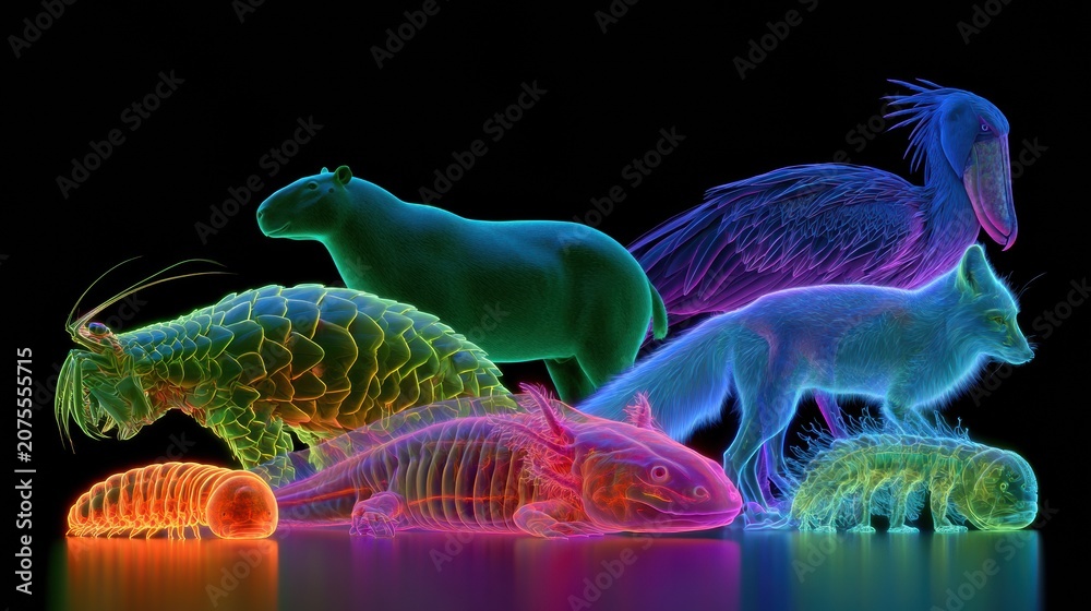 Fototapeta premium Ten unique animals arranged in a wide scene, each glowing in its own neon color against a pure black background.