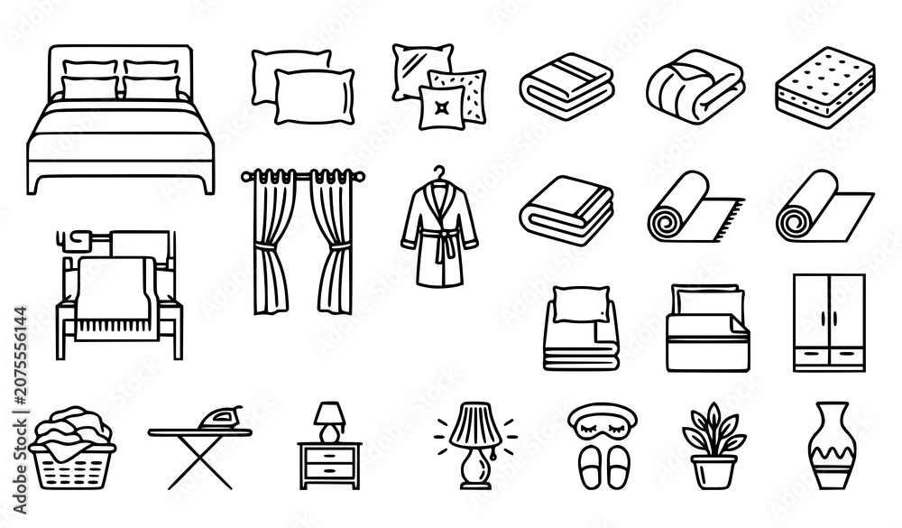 Fototapeta premium Bedroom Textile and Bedding Line Icons Vector Collection Editable Stroke
