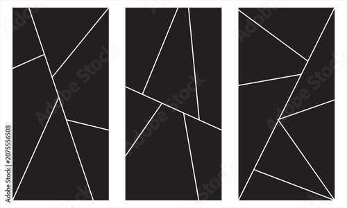 Abstract geometric triptych photo collage template with white frames on black background