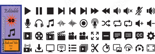 Foto Set of 40 Audio and Video web Vector silhouette icon set