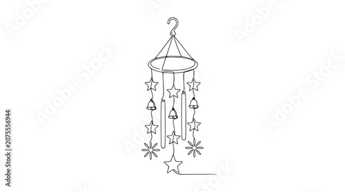 Canvastavla Continuous line drawing of a wind chime with stars and bells hanging against a white background