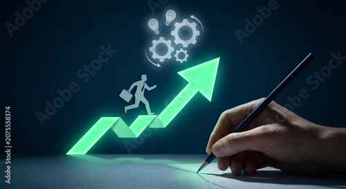 Creative business illustration showing a professional running on a glowing upward financial chart. Ideal for concepts of revenue growth, investment success, business acceleration, innovation