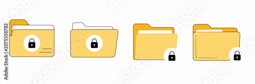 Secure file folder icon set. locked directory symbols, encrypted private documents. Vector illustration