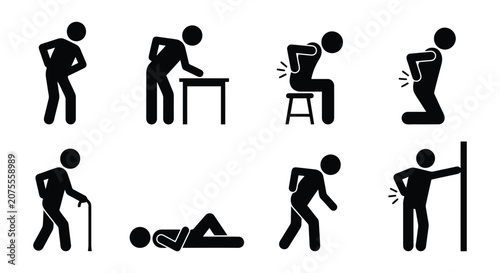 Set of stick figure icons showing people suffering from back pain