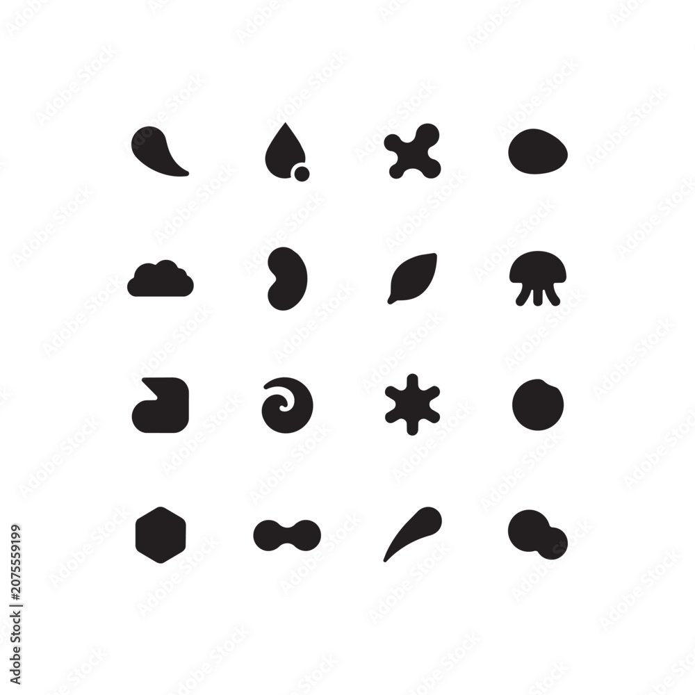 Fototapeta premium Graphic collection of liquid and amoeba shapes for professional design work on isolated background.